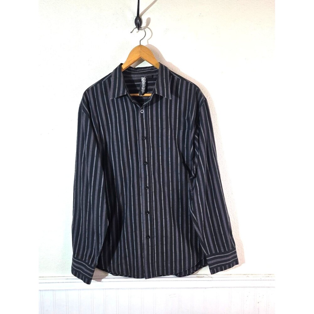 Y2K Anchor Blue Mens XL Black Gray Striped Shirt Emo Skate Goth Grunge